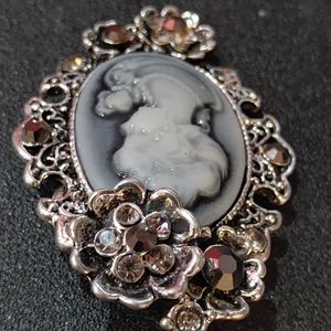 Stunning Antique Silver Look Carved Cameo Brooch